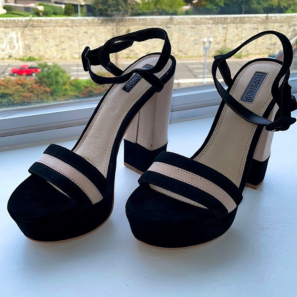 Topshop 70s Black and White Suede Platform Sandals